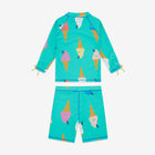 A UV Protective Surf Set in green with an ice cream pattern. The set includes a long-sleeve top and shorts.